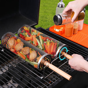 กระบอกตาข่ายย่างอาหาร BBQ Grill Basket ทรงกระบอกหมุนได้ พร้อมที่ล็อค ป้องกันอาหารหล่น ใช้ได้กับเตาทุกประเภท