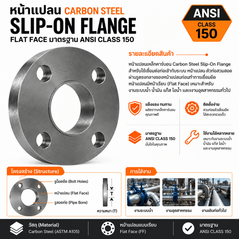 หน้าแปลน Carbon Steel Slip-On  Flat Face มาตรฐาน ANSI Class 150