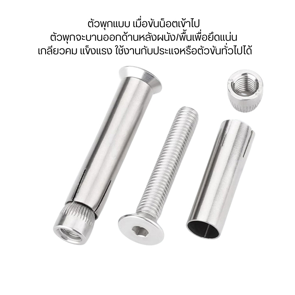 พุกสแตนเลสหัวจม  พุกจะบานออกและยึดแน่น เหมาะกับงานที่ต้องการความสวยงาม ไม่ให้หัวน็อตนูนขึ้นมา ยึดแน่น แข็งแรงไม่เป็นสนิม