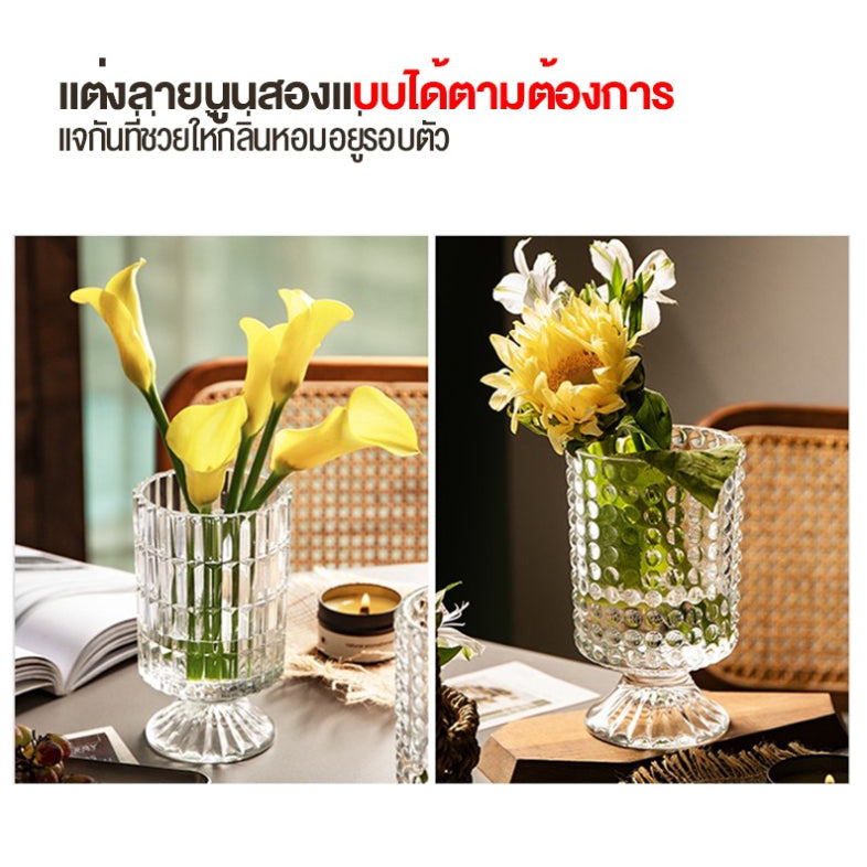 🌸แจกันดอกไม้คริสตัล🌸 แจกันแก้ว สำหรับตกแต่งห้องนั่งเล่น ของตกแต่งบ้าน  แก้วโซดาไลม์ โปร่งใส เป่าด้วยมือ