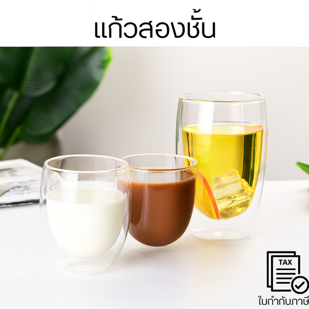 แก้วสองชั้นดีไซน์มินิมอล สำหรับเครื่องดื่มร้อน–เย็น ผนังสองชั้นช่วย กันร้อน ไม่ลวกมือ และไม่เกิดไอน้ำเกาะแก้ว