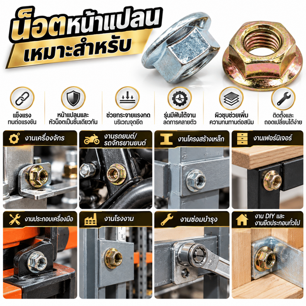 หัวน็อตจาน เหล็กชุบ ซิงค์ขาว รุ้งทอง หัวน็อตติดแหวน M3 - M16 พร้อมส่ง