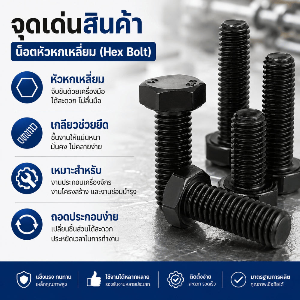 น็อตหัวหกเหลี่ยมM4 หัวหกเหลี่ยมสีดำ Hex Bolt สกรูเกลียว สำหรับยึดเหล็ก เครื่องจักร งานโครงสร้าง งานช่างและงานอุตสาหกรรม