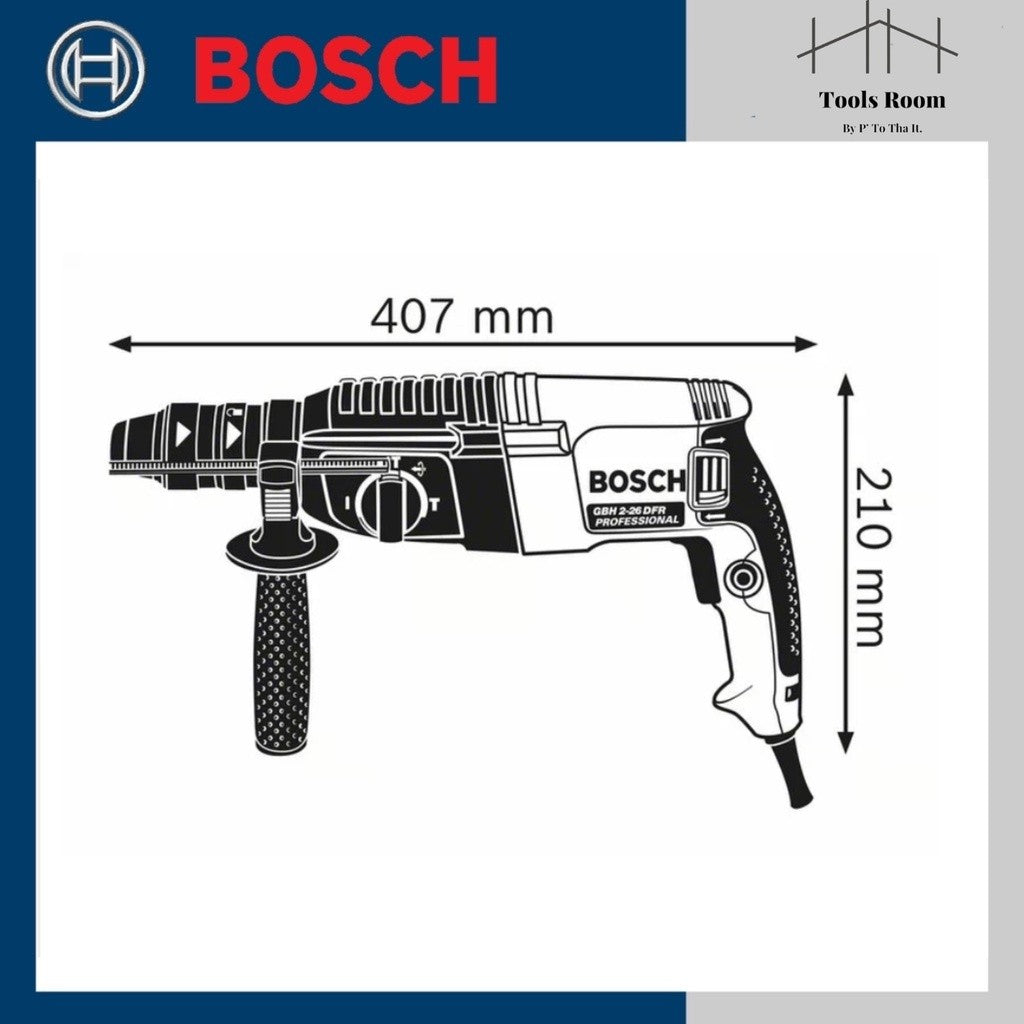 BOSCH GBH2-26DE สว่านโรตารี่ระบบ SDS PLUS ของที่ได้ในชุด กระเป๋าใส่เครื่องมือ ตัวตั้งระยะลึก 210 มม. ด้ามจับเสริม