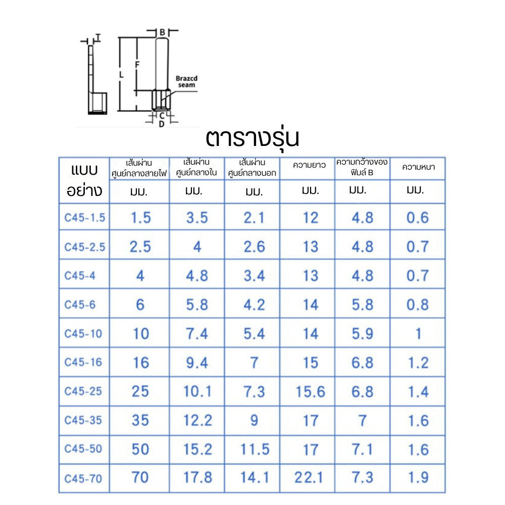 หางปลาต่อตรงเบรกเกอร์อย่างหนา สำหรับสายไฟ แบบเปลือย หางปลาต่อเบรกเกอร์ชุบดีบุกแท้ เทอร์มินอลเปลือย