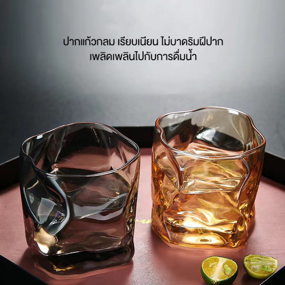 แก้วน้ำ  แก้วใส่เครื่องดื่ม วิสกี้ คอกเทล แก้ว Hologram สไตล์เกาหลี คาเฟ่ ผิวหยัก ทรงบิด สะท้อนสี โฮโลแกรม