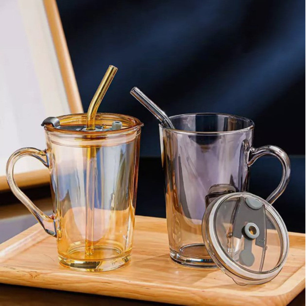 แก้วน้ำมีหูหิ้วสำหรับสะสม สไตล์ดี ถ้วยกาแฟพร้อมหลอด ความจุขนาดใหญ่ พร้อมฝาปิด เหมาะสำหรับการใช้งาน