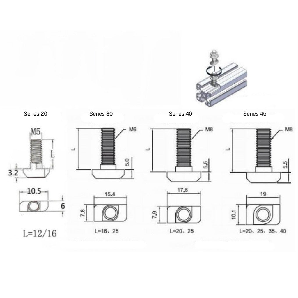 T Bolt  น็อตอลูมิเนียมน็อตชุด 2 ชิ้น  น็อตใส่ราง T-Bolt ทีโบลทื น๊อตอลูมิเนียม น็อตใส่รางทีแทรค