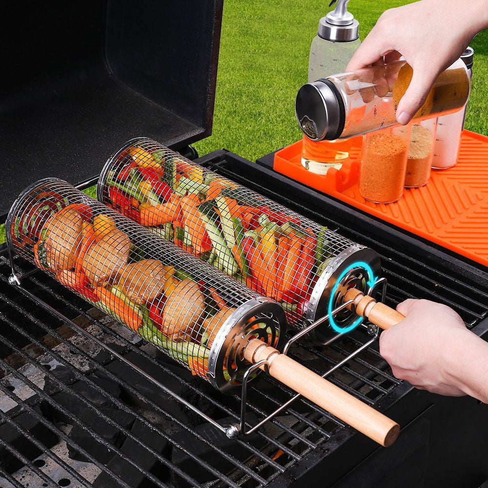 กระบอกตาข่ายย่างอาหาร BBQ Grill Basket ทรงกระบอกหมุนได้ พร้อมที่ล็อค ป้องกันอาหารหล่น ใช้ได้กับเตาทุกประเภท