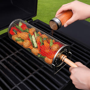 กระบอกตาข่ายย่างอาหาร BBQ Grill Basket ทรงกระบอกหมุนได้ พร้อมที่ล็อค ป้องกันอาหารหล่น ใช้ได้กับเตาทุกประเภท