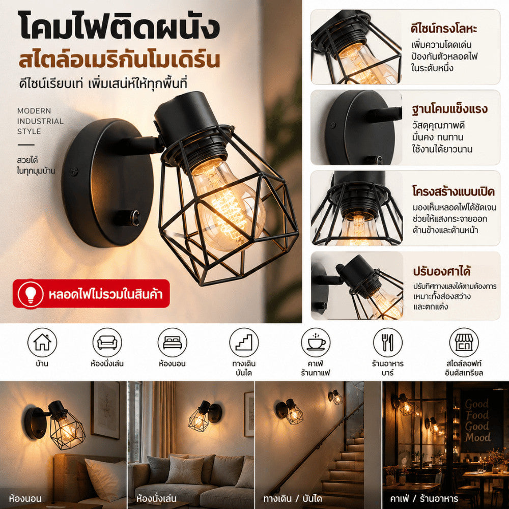 โคมไฟติดผนังสไตล์อเมริกันโมเดิร์น โคมไฟกรงเหล็กสีดำ ดีไซน์อินดัสเทรียลวินเทจ สำหรับบ้าน คาเฟ่ ร้านอาหาร ห้องนอน