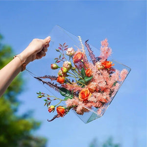 กล่องอะคริลิคใส่ดอกไม้ แบบถือได้ ทรงกระเป๋า ใสโชว์ช่อดอกไม้ สวยหรู โปร่งใส
