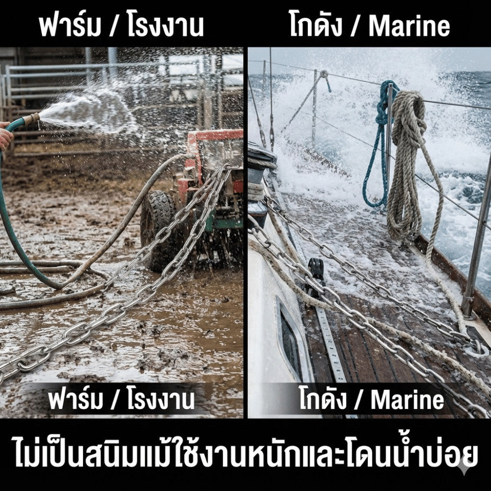 โซ่สแตนเลส 304 คุณภาพสูง ไม่เป็นสนิม รับน้ำหนักดี เหมาะงานแขวน งานลาก งานก่อสร้าง ใช้ภายนอกอายุการใช้งานยาวนาน แข็งแรงทน