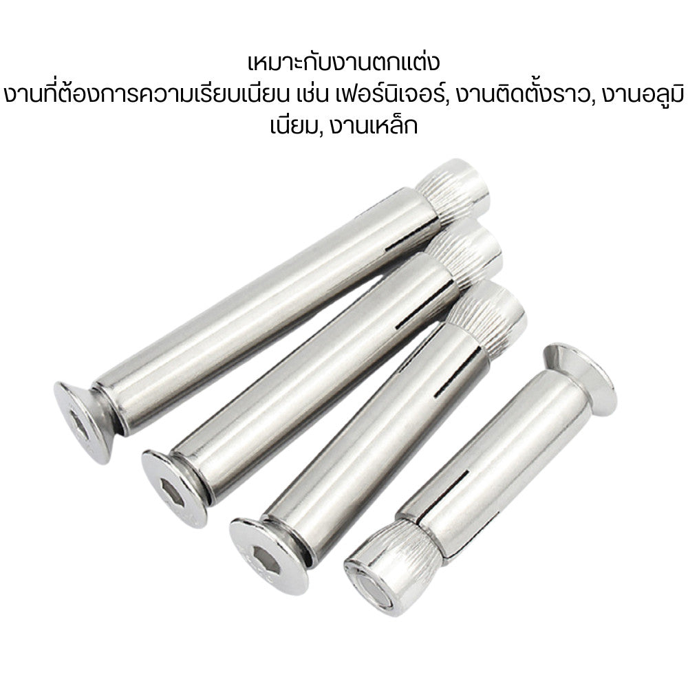 พุกสแตนเลสหัวจม  พุกจะบานออกและยึดแน่น เหมาะกับงานที่ต้องการความสวยงาม ไม่ให้หัวน็อตนูนขึ้นมา ยึดแน่น แข็งแรงไม่เป็นสนิม