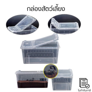 กล่องสัตว์เลี้ยง ลักษณะใส โปร่งใส ฝาเปิดได้ 2 ทาง มีรูระบายอากาศด้านข้างกล่องสัตว์เลี้ยง (พร้อมถ้วยอาหารกล่อง M / L )