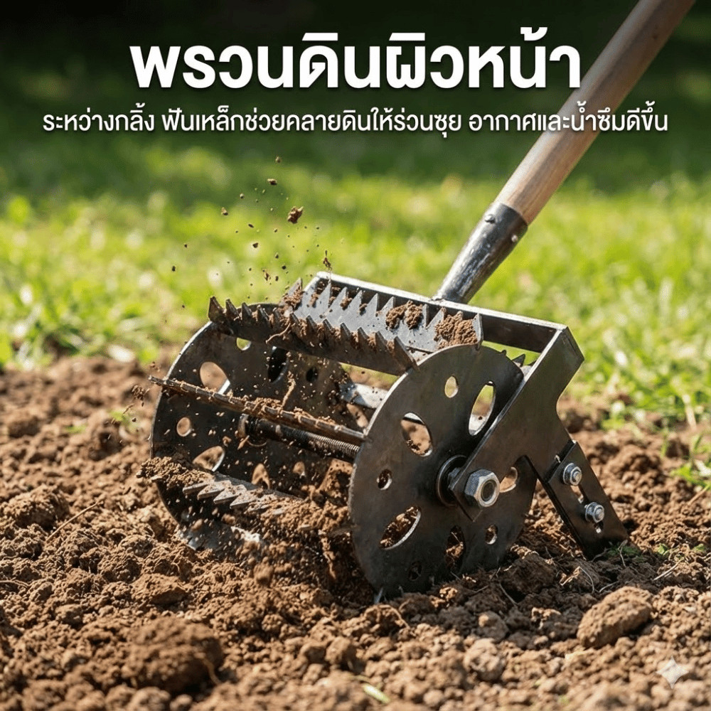 เครื่องมือพรวนดินแบบกลิ้ง ฟันเหล็กแข็งแรง เข็นมือใช้งานง่าย พรวนดินเร็ว เหมาะสวนบ้านและแปลงผัก กำจัดหญ้า ประหยัดแรง - Image 4