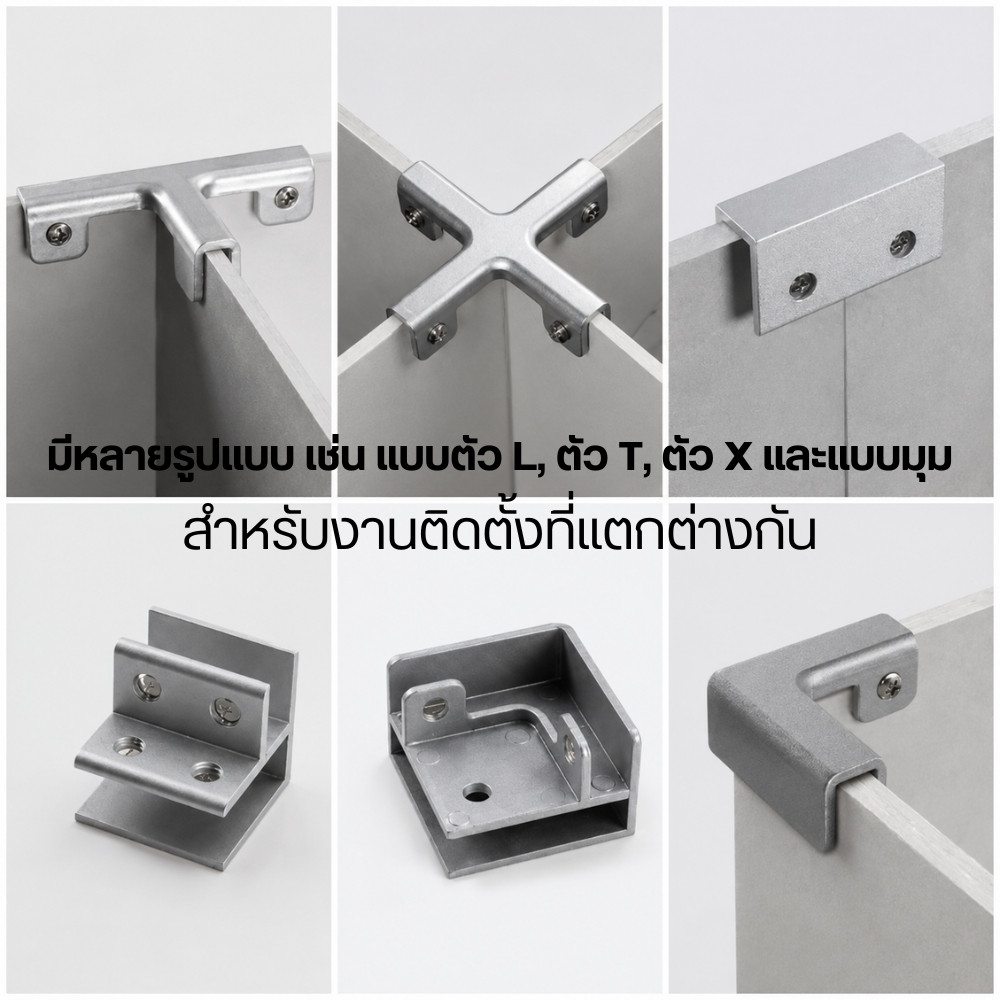คลิปหนีบกระจกอลูมิเนียม แคลมป์ยึดกระจก Glass Clamp ตัว L ตัว T ตัว X สำหรับกระจกกั้นห้อง ชั้นวางกระจก ตู้โชว์ แข็งแรง - Image 4